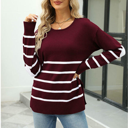 Women's Striped Sleeve Heart Colorblock Long Sleeve Pullover Knit Sweater