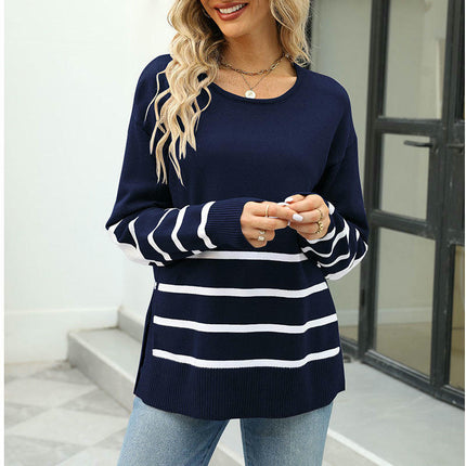 Women's Striped Sleeve Heart Colorblock Long Sleeve Pullover Knit Sweater