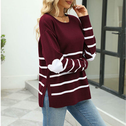 Women's Striped Sleeve Heart Colorblock Long Sleeve Pullover Knit Sweater