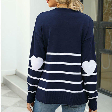Women's Striped Sleeve Heart Colorblock Long Sleeve Pullover Knit Sweater