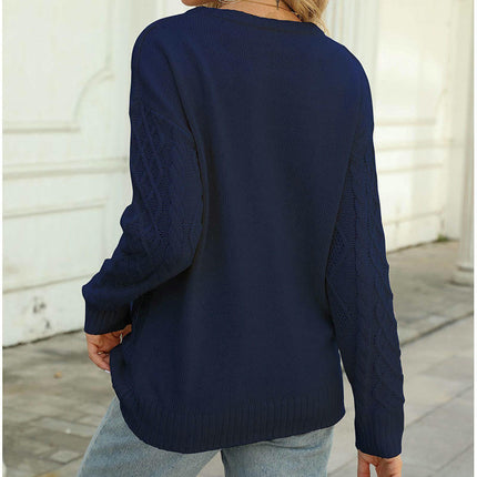 Women's Winter Round Neck Solid Color Cable Pattern Loose Pullover Sweater