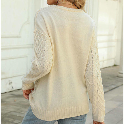 Women's Winter Round Neck Solid Color Cable Pattern Loose Pullover Sweater