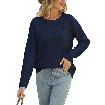 Women's Winter Round Neck Solid Color Cable Pattern Loose Pullover Sweater