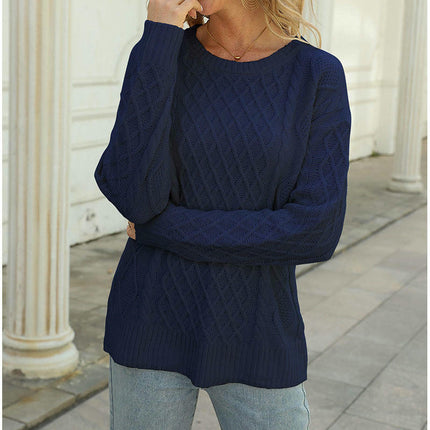 Women's Winter Round Neck Solid Color Cable Pattern Loose Pullover Sweater