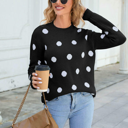 Women's Loose Round Neck Sweater Large Polka Dot Long Sleeve Pullover