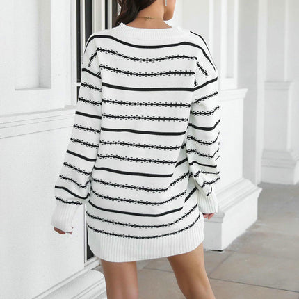 Women's Striped V-Neck Pullover Long Sleeve Sweater Dress Loose Knitted Dress