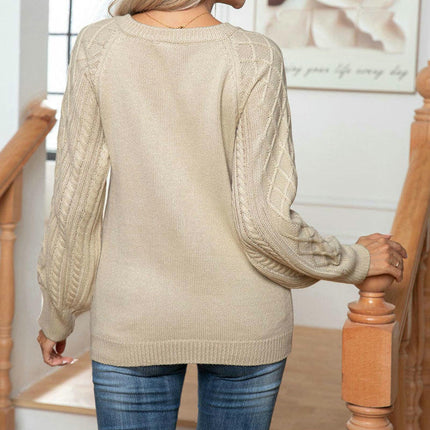 Knitted Tops Women Loose Casual Button Cable Long Sleeve Pullover Sweater