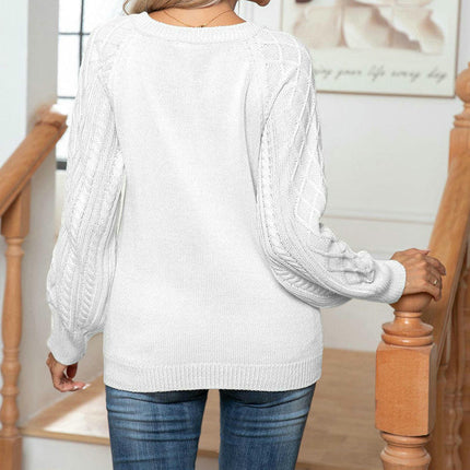 Knitted Tops Women Loose Casual Button Cable Long Sleeve Pullover Sweater