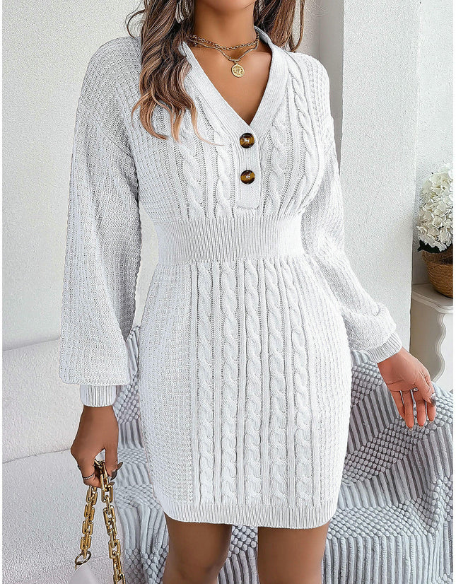 Braided Lantern Sleeve Hip Knitted Dress Button V Neck Women's Sweater Dress