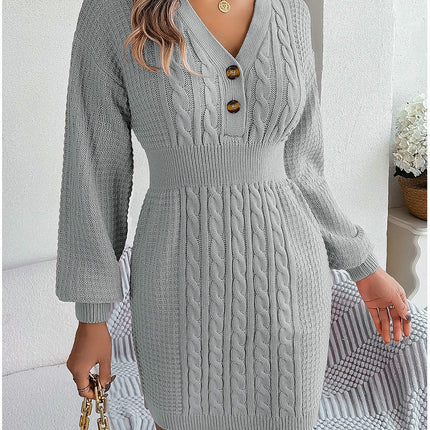 Braided Lantern Sleeve Hip Knitted Dress Button V Neck Women's Sweater Dress