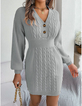 Braided Lantern Sleeve Hip Knitted Dress Button V Neck Women's Sweater Dress