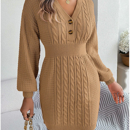 Braided Lantern Sleeve Hip Knitted Dress Button V Neck Women's Sweater Dress
