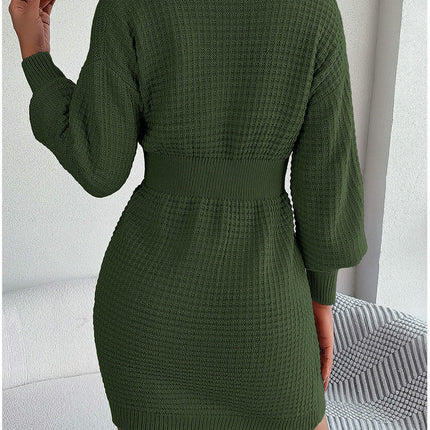 Braided Lantern Sleeve Hip Knitted Dress Button V Neck Women's Sweater Dress
