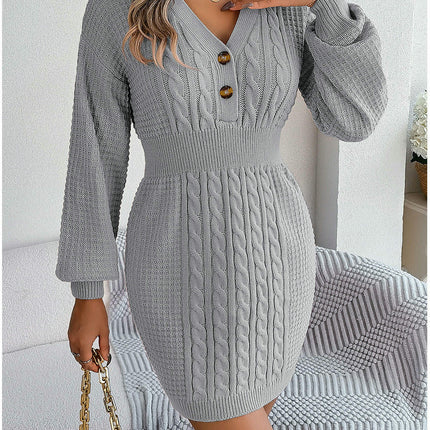 Braided Lantern Sleeve Hip Knitted Dress Button V Neck Women's Sweater Dress