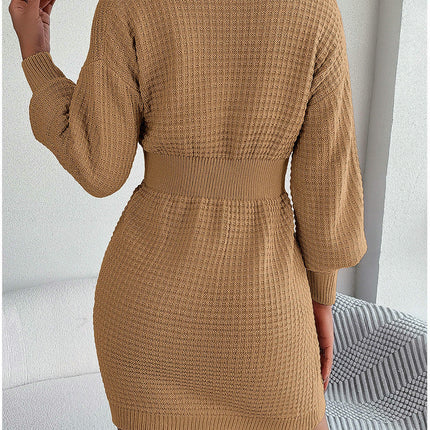 Braided Lantern Sleeve Hip Knitted Dress Button V Neck Women's Sweater Dress