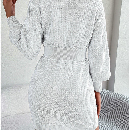Braided Lantern Sleeve Hip Knitted Dress Button V Neck Women's Sweater Dress