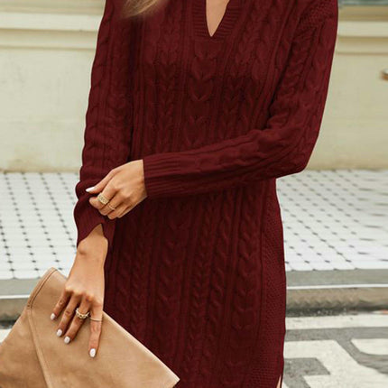 Women's Autumn Cable Knitted Dress Solid Color Loose V-Neck Sweater Dress