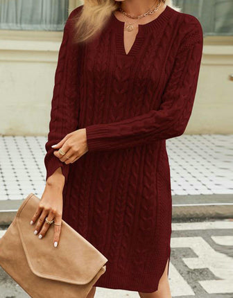 Women's Autumn Cable Knitted Dress Solid Color Loose V-Neck Sweater Dress
