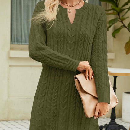 Women's Autumn Cable Knitted Dress Solid Color Loose V-Neck Sweater Dress
