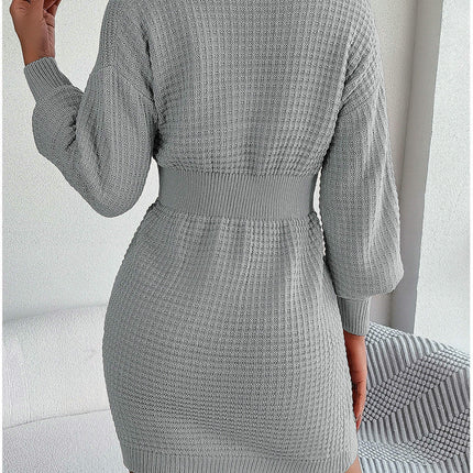 Braided Lantern Sleeve Hip Knitted Dress Button V Neck Women's Sweater Dress