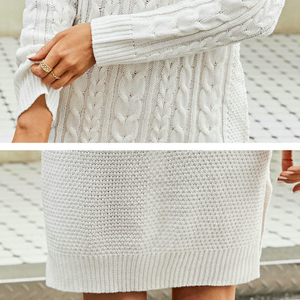 Women's Autumn Cable Knitted Dress Solid Color Loose V-Neck Sweater Dress