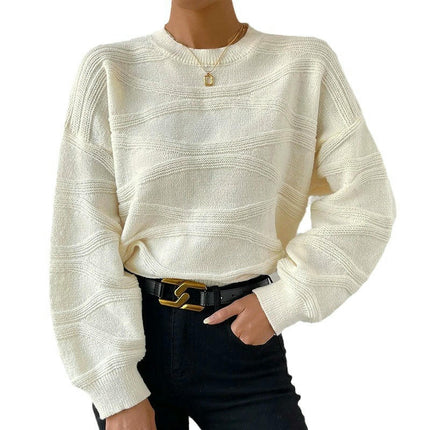 Women's Crew Neck Pullover Solid Color Long Sleeve Wave Pattern Knitted Sweater