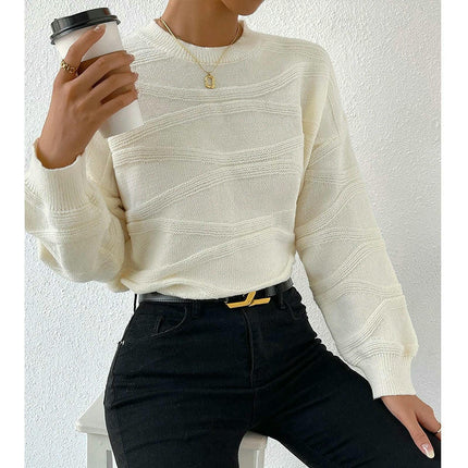 Women's Crew Neck Pullover Solid Color Long Sleeve Wave Pattern Knitted Sweater