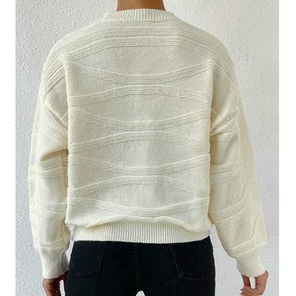 Women's Crew Neck Pullover Solid Color Long Sleeve Wave Pattern Knitted Sweater