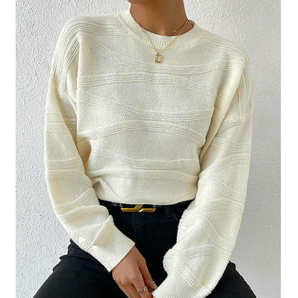 Women's Crew Neck Pullover Solid Color Long Sleeve Wave Pattern Knitted Sweater