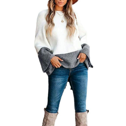 Women's Autumn Round Neck Knitted Sweater Bell Sleeve Colorblock Pullover
