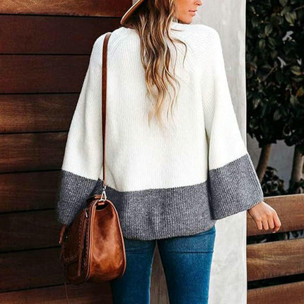 Women's Autumn Round Neck Knitted Sweater Bell Sleeve Colorblock Pullover