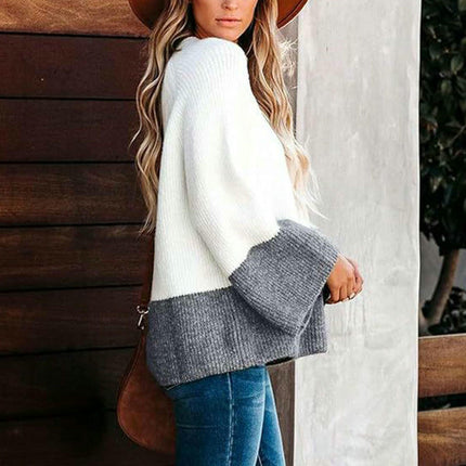 Women's Autumn Round Neck Knitted Sweater Bell Sleeve Colorblock Pullover