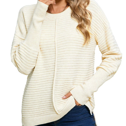 Women's Solid Color Knitted Sweater Round Neck Long Sleeve Pullover Top