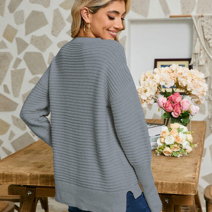 Women's Solid Color Knitted Sweater Round Neck Long Sleeve Pullover Top