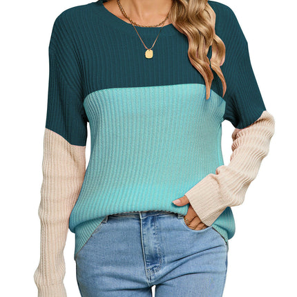 Loose Ribbed Colorblock Long Sleeve Knit Top Round Neck Pullover Sweater Women