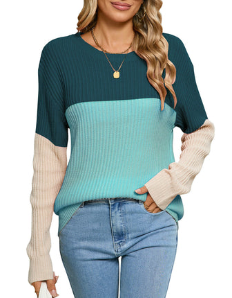 Loose Ribbed Colorblock Long Sleeve Knit Top Round Neck Pullover Sweater Women