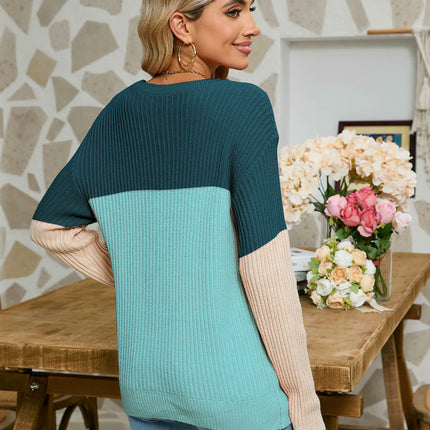 Loose Ribbed Colorblock Long Sleeve Knit Top Round Neck Pullover Sweater Women