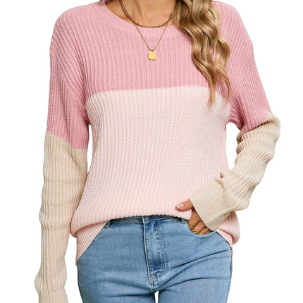 Loose Ribbed Colorblock Long Sleeve Knit Top Round Neck Pullover Sweater Women