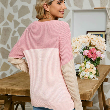 Loose Ribbed Colorblock Long Sleeve Knit Top Round Neck Pullover Sweater Women