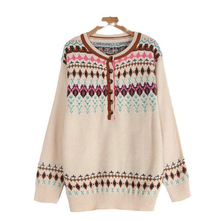 Women's Long Sleeve Christmas Sweater Female Retro Jacquard Button Pullover Top
