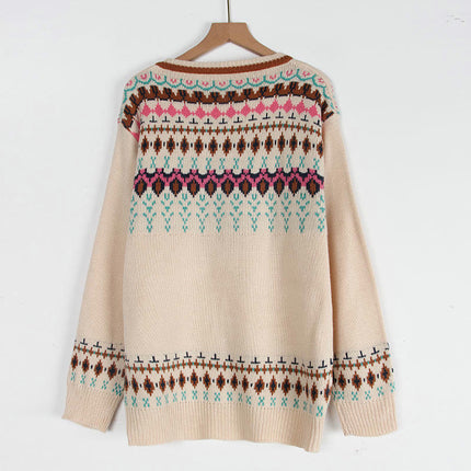 Women's Long Sleeve Christmas Sweater Female Retro Jacquard Button Pullover Top