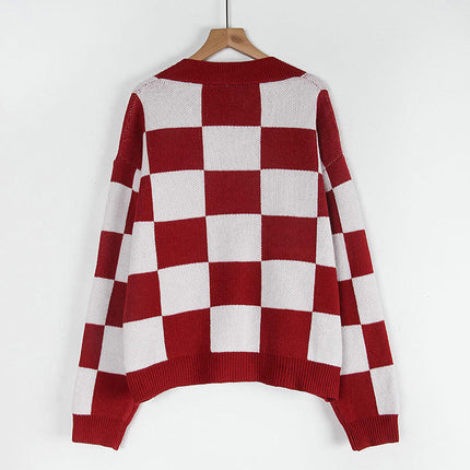 Women's Plaid Stitching Knitted Cardigan Loose V-neck Long Sleeve Sweater Jacket