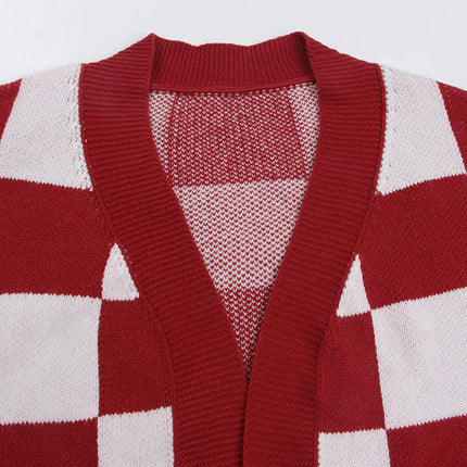 Women's Plaid Stitching Knitted Cardigan Loose V-neck Long Sleeve Sweater Jacket