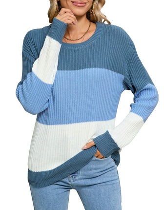 Women's Striped Contrast Sweater Loose Long Sleeve Round Neck Pullover Cardigan