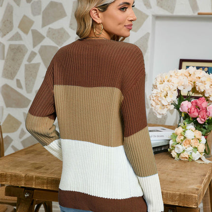Women's Striped Contrast Sweater Loose Long Sleeve Round Neck Pullover Cardigan