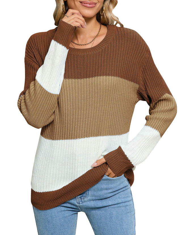 Women's Striped Contrast Sweater Loose Long Sleeve Round Neck Pullover Cardigan
