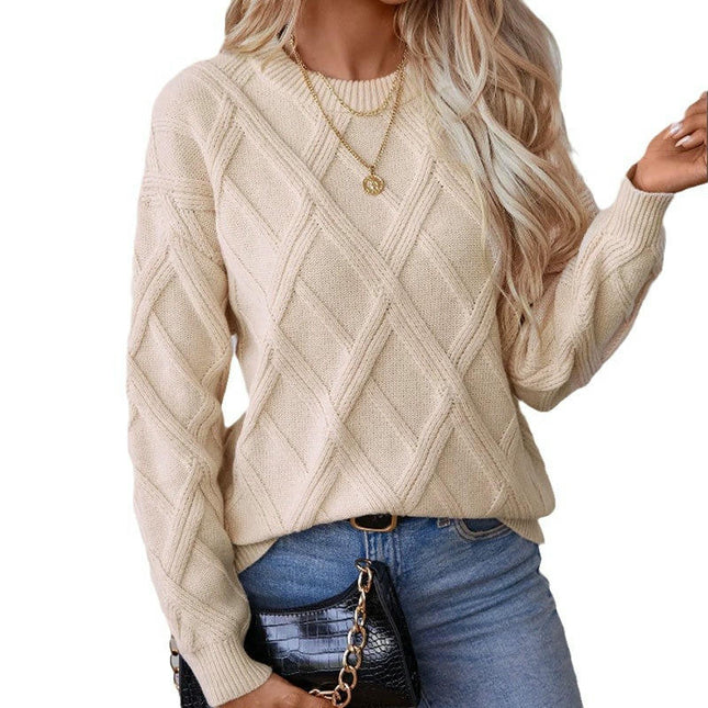 Women's Long Sleeve Diamond Cable Knit Loose Round Neck Pullover Sweater