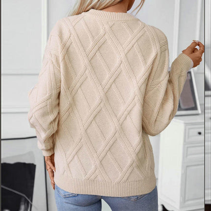 Women's Long Sleeve Diamond Cable Knit Loose Round Neck Pullover Sweater