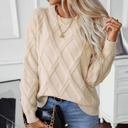 Women's Long Sleeve Diamond Cable Knit Loose Round Neck Pullover Sweater