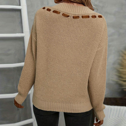 Winter Women's Long Sleeve Warm Sweater Loose V-neck Lace-up Pullover Sweater